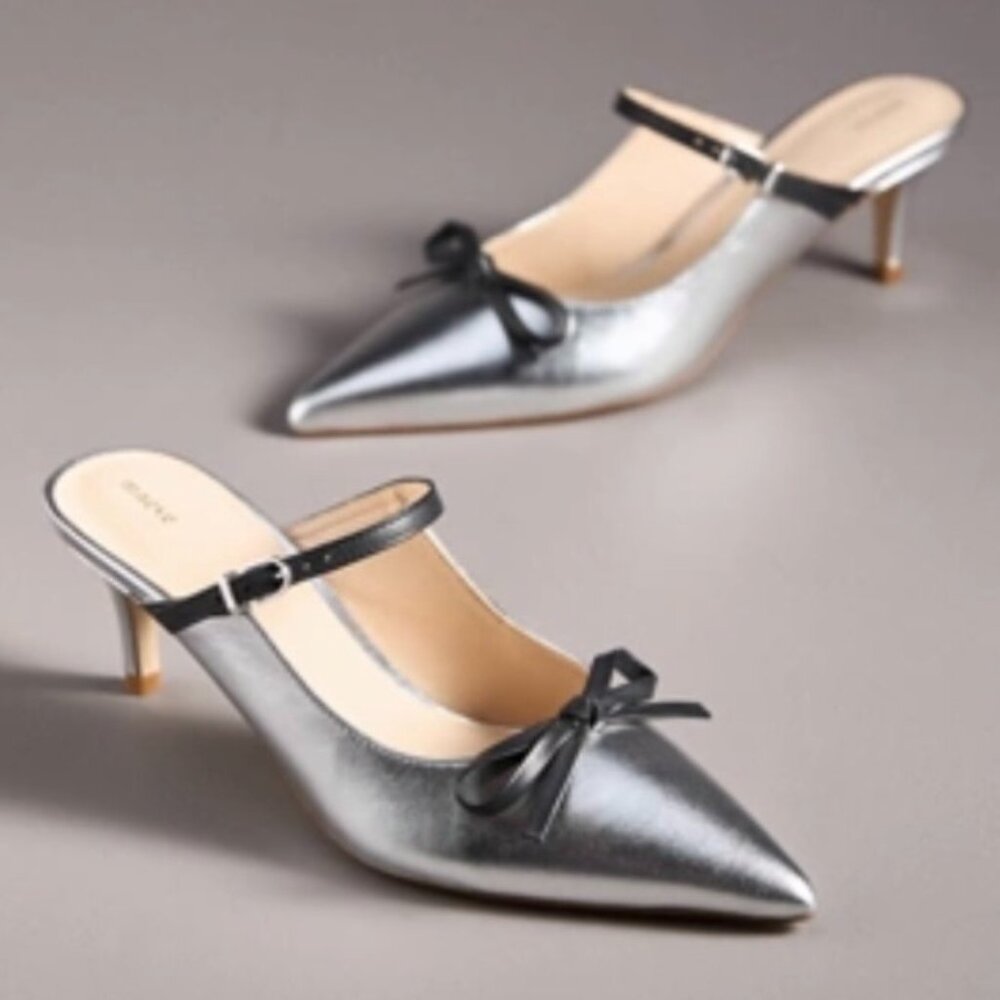 Maeve Bow Kitten-Heel Mules in Silver/Black - NWOT
